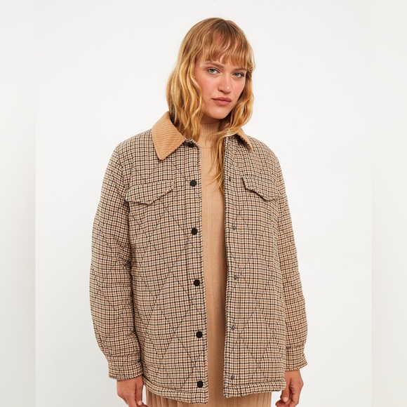 Zara Plaid Quilted Corduroy Collar Tan Cream Black Button Down Jacket Shacket - Picture 7 of 14